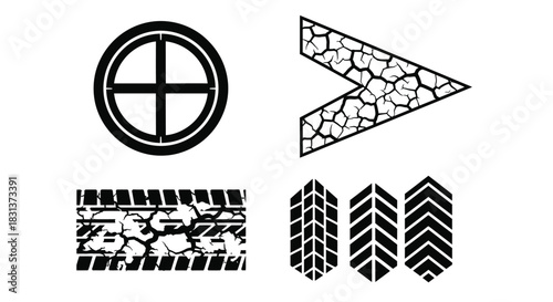 Black and white tire tracks patterns vector design elements set