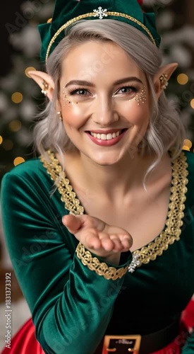 Festive Elf Woman Blowing a Kiss in Holiday Setting