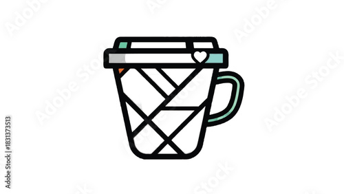 Geometric coffee cup with lid and handle design for beverage enjoyment.