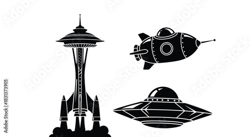 Space travel icons vector illustration spaceship tower ufo rocket
