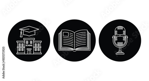 Education podcast school book microphone learning study icons