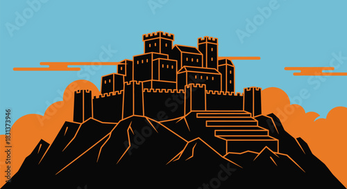 Castle on hill vector illustration fortress architecture view