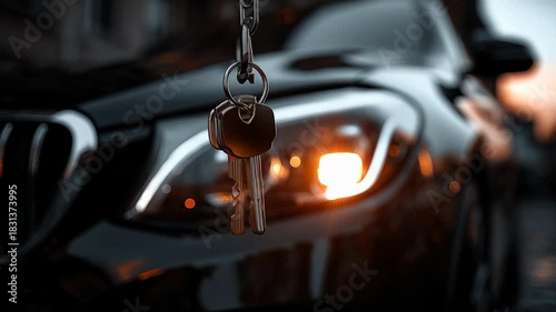 Closeup of Car Keys Hanging in Front of Black Luxury Vehicle at Golden Hour