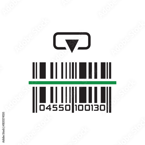 Barcode scan with green laser line and identification symbol for inventory