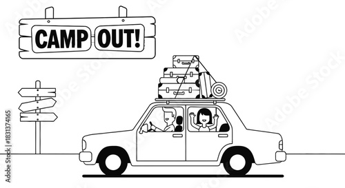 Family camping trip road trip adventure travel vacation cartoon car
