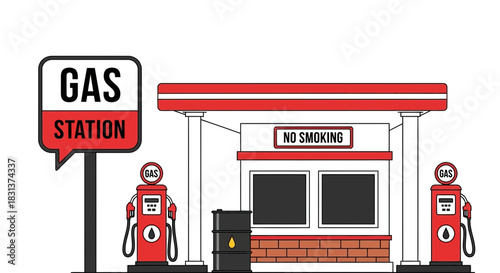 Gas station cartoon illustration with pumps and no smoking sign