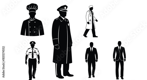 Vector silhouette of diverse professions chef doctor policeman men