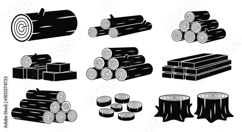 Wood logs vector set lumber and timber industry tree stumps icon