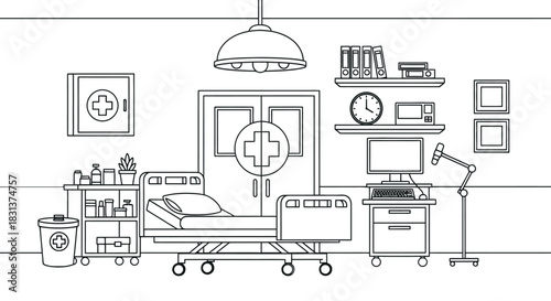 Hospital room illustration with bed and medical equipment view