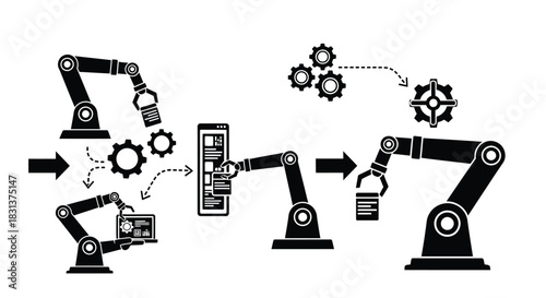 Automation process robotic arms working together vector illustration