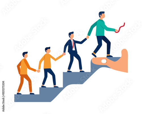 Employees giving hands and helping colleagues to walk upstairs. Team giving support, growing together. Vector illustration for teamwork, cooperation ... See More