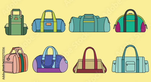 Selection of colorful duffel bags and gym bags vector illustration