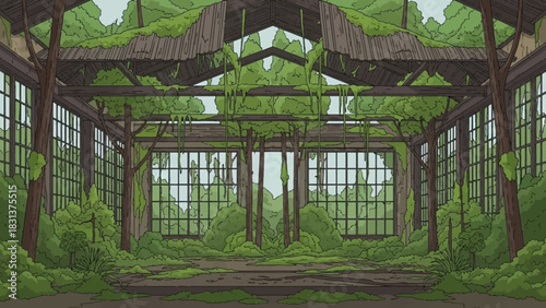 Abandoned building overgrown with lush green vegetation, nature reclaiming a dilapidated structure with large windows and a partially collapsed roof.