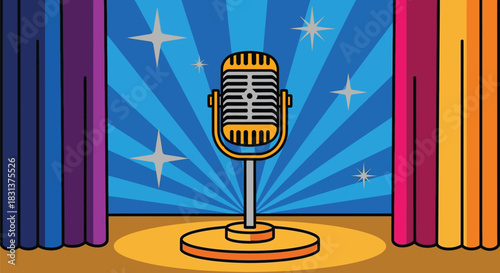 Vintage microphone on stage illustration karaoke night concept