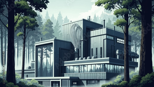 A modern industrial building with a metallic facade nestled within a dense and misty evergreen forest.