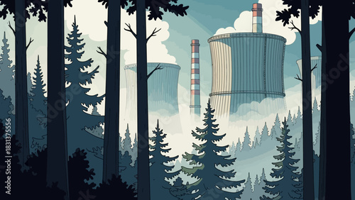 Industrial cooling towers and chimneys rise above a misty forest landscape, depicting a blend of nature and heavy industry.