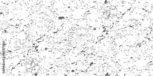 A vector distressed texture overlay featuring rough grunge speckles and worn concrete surface pattern in black and white