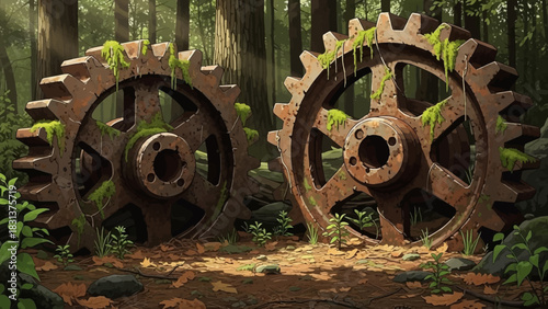 Two large, rusty gears overgrown with moss, resting in a forest setting with trees.