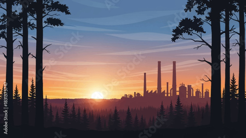 A silhouetted pine forest frames a distant industrial factory complex against a vibrant sunrise or sunset.