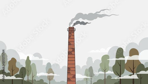 Tall brick factory chimney emitting dark smoke into a misty forest landscape.
