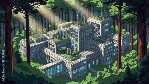 A detailed illustration of a modern building complex nestled within a lush, green forest setting.