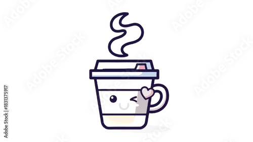 Cute Kawaii Coffee Cup with Heart Handle and Steam.