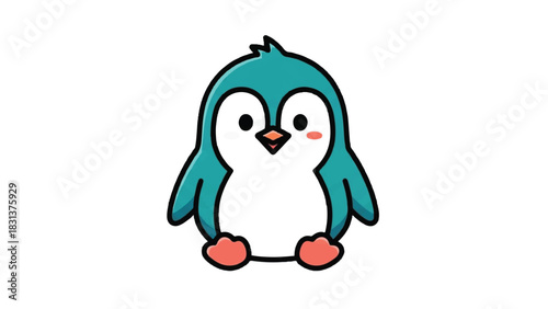Adorable Cartoon Penguin with Teal Feathers and Rosy Cheeks.