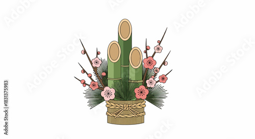 Traditional Japanese Kadomatsu Decoration with Bamboo and Plum Blossoms, symbolizing New Year's prosperity