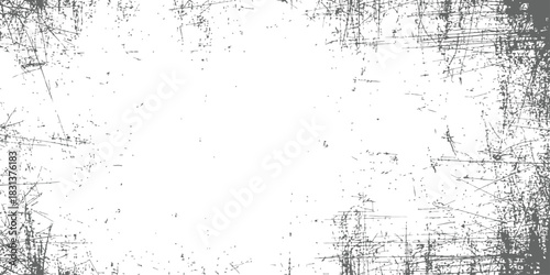 Abstract grunge overlay vector background with distressed scratches and dirty border frame effect in monochrome black and white