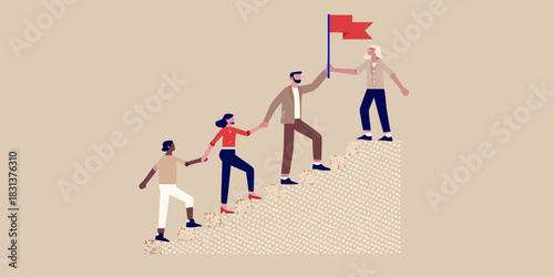 Team climbing to success with leadership and mutual support