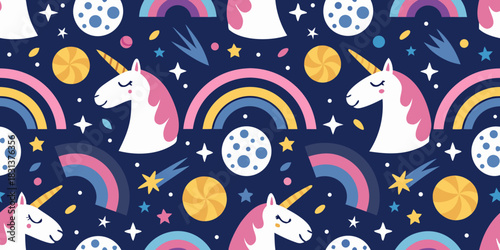 Seamless pattern with unicorns rainbows stars and planets on dark blue