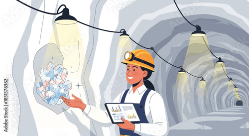 Miner Examining Crystal Vein Deep Underground Using Digital Data Analysis