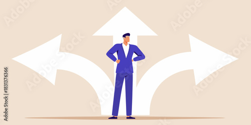 Businessman at a crossroads making a decision about future direction