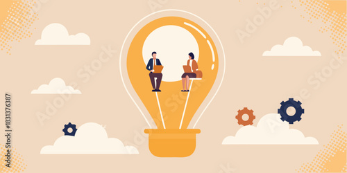 Business team collaboration and innovation inside a light bulb with clouds and gears
