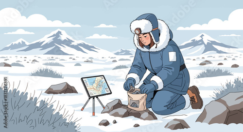 Researcher collecting rock samples in arctic environment with digital mapping technology