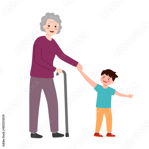 Boy with a kind smile offers his hand to elderly woman. Random Acts of Kindness Day.