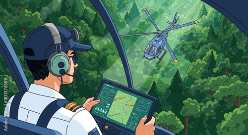 Pilot Navigating Helicopter Above Dense Forest Canopy Using Digital Interface