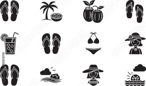 Summer Vacation Black Silhouette Icon Set for Travel Agency