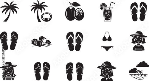 Tropical Holiday Black and White Icon Set Illustration