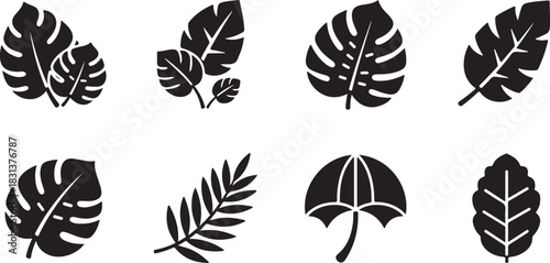 Tropical Leaves and Umbrella Icon Set in Black and White