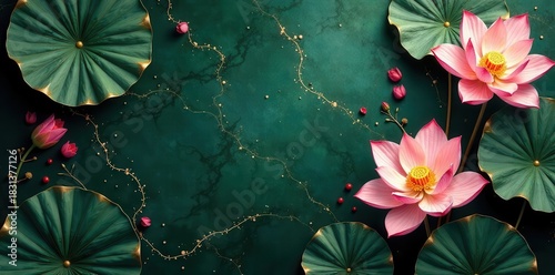 Luxury gold lotus vector background Marble texture, line art lily and leaves , fluid, vector