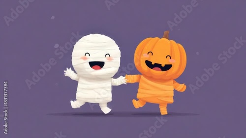 Two cartoon characters, a mummy and a pumpkin, holding hands and jumping on a purple background