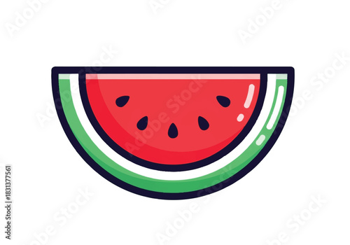Slice of juicy red watermelon with black seeds and green rind.