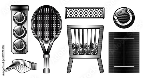 Hand drawn vector illustration set tennis sport equipment racket balls net basket court and sun visor cap in vintage engraving style black woodcut