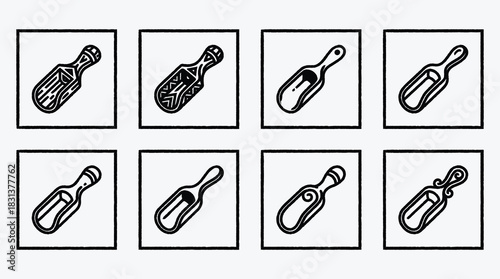 Collection of unique black line art scoop illustrations in squares