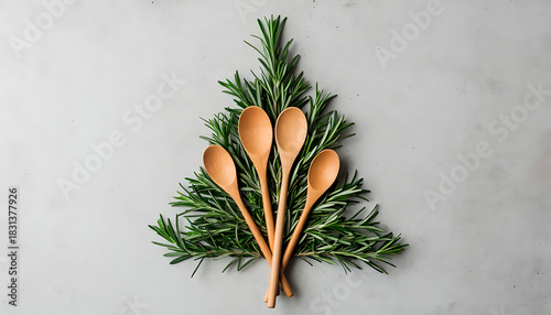Rosemary sprigs arranged as a Christmas tree with wooden spoons. Culinary festive decoration idea for holiday recipes.