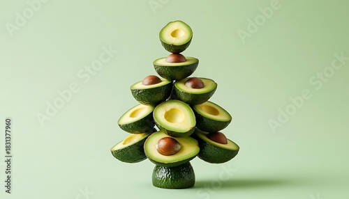 Pile of fresh avocado halves stacked like a Christmas tree. Healthy food art and creative holiday decoration concept for Christmas.