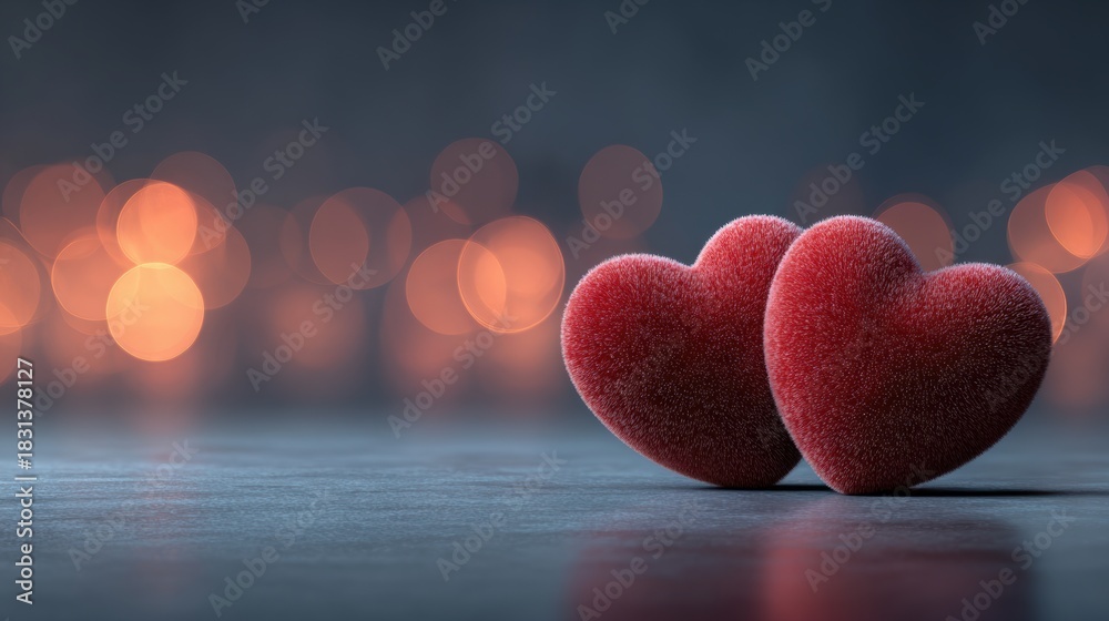 Fototapeta premium Two fluffy red hearts with beautiful bokeh lights background.