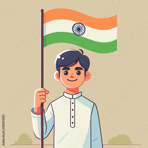 Flat Illustration of Young Boy Holding Indian Flag with Pride