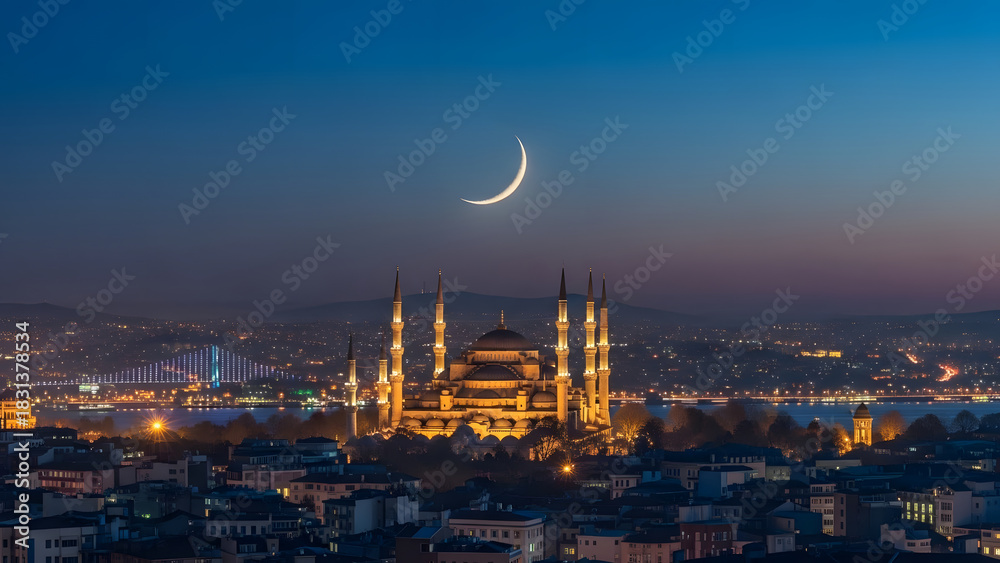Fototapeta premium Iconic Blue Mosque and Istanbul Skyline at Twilight with Crescent Moon
